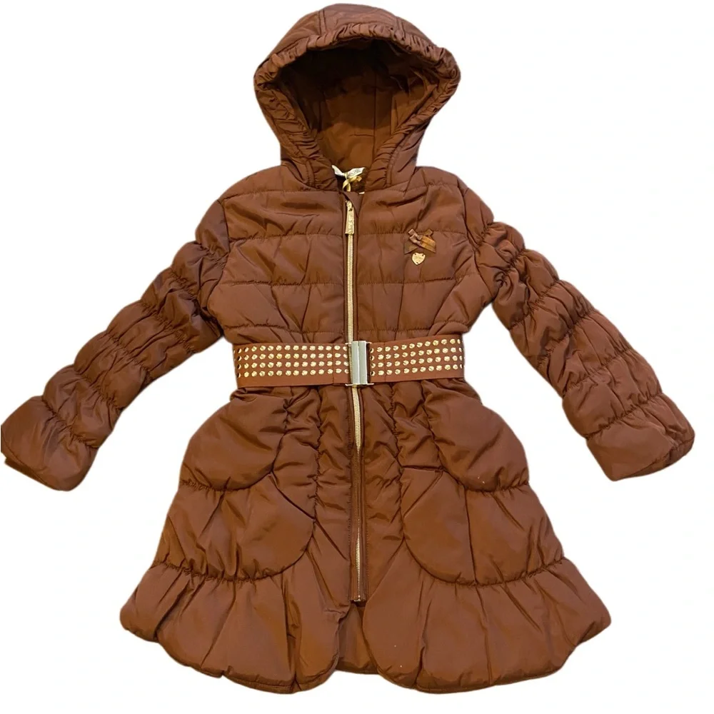 Le Chic‎ Boutique Girls Brown Puffer Jacket with Hood, Belt, Fitted Waist 5/6